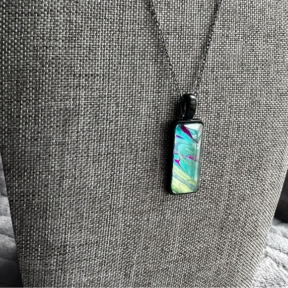 Hand painted Abstract Acrylic fluid pour art pendant necklace teal blue black - Picture 5 of 7